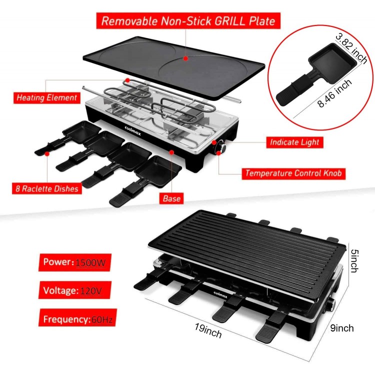 Raclette Table Grill, CUSIMAX Electric Grill, Indoor Grill Korean BBQ Grill With 2 in 1 Reversible Non-stick Plate, Crepe Maker with Adjustable temperature control, 8 Raclette Pans & Wooden Spatulas