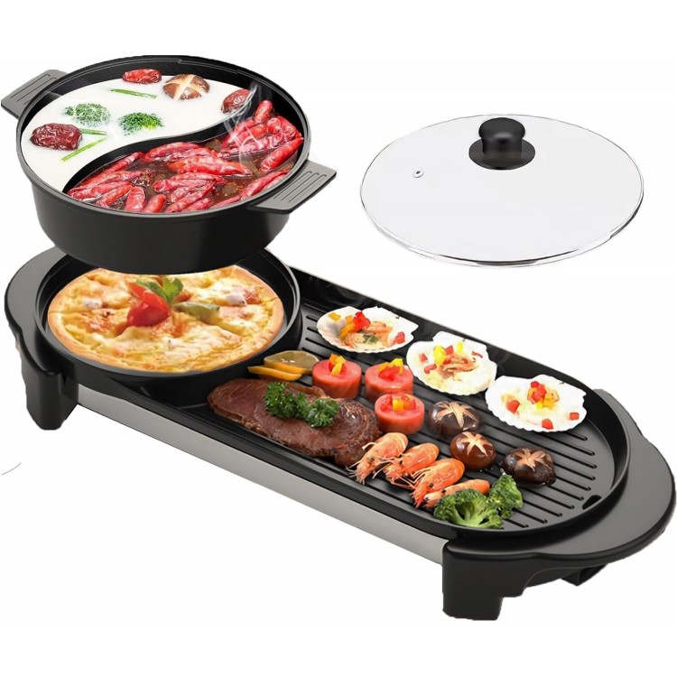 Hot Pot with Grill, Electric Hot Pot 2 in 1 Shabu Shabu Hot Pot Korean BBQ Grill, Removable Hotpot Pot 1200W / Large Capacity Baking Tray, Separate Temperature Control, Electric Grill for 2-12 People