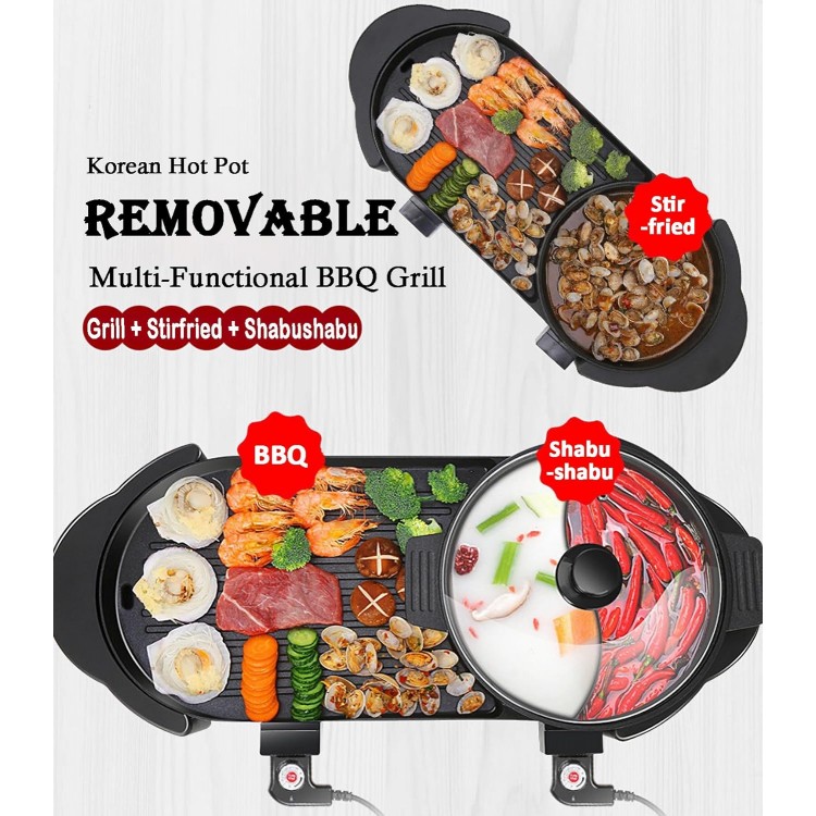 Hot Pot with Grill, Electric Hot Pot 2 in 1 Shabu Shabu Hot Pot Korean BBQ Grill, Removable Hotpot Pot 1200W / Large Capacity Baking Tray, Separate Temperature Control, Electric Grill for 2-12 People