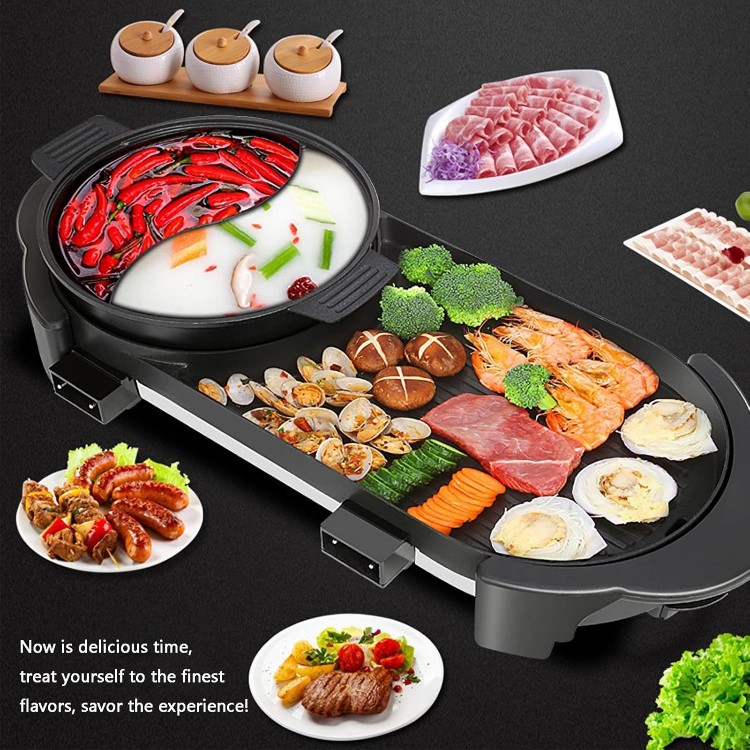 Hot Pot with Grill, Electric Hot Pot 2 in 1 Shabu Shabu Hot Pot Korean BBQ Grill, Removable Hotpot Pot 1200W / Large Capacity Baking Tray, Separate Temperature Control, Electric Grill for 2-12 People