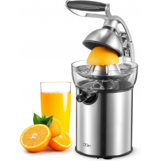 QCen Electric Citrus Juicer Squeezer, Electric Juicer for Orange, Lemon and Limes with Rubber Handle and Two Size Cones, Anti-Drip Spout, Easy to Clean and Use, BPA Free, Black/Stainless Steel