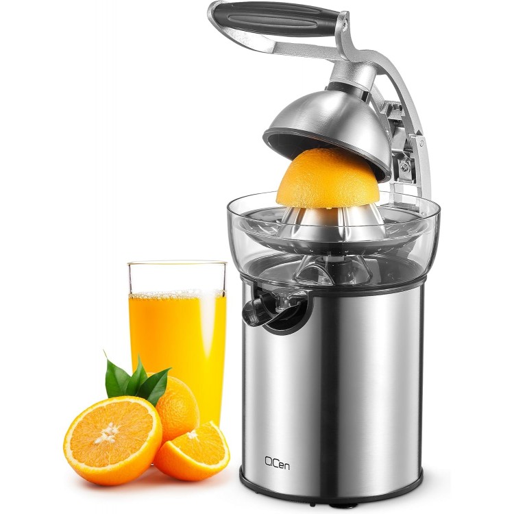 QCen Electric Citrus Juicer Squeezer, Electric Juicer for Orange, Lemon and Limes with Rubber Handle and Two Size Cones, Anti-Drip Spout, Easy to Clean and Use, BPA Free, Black/Stainless Steel