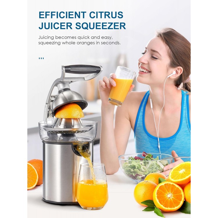 QCen Electric Citrus Juicer Squeezer, Electric Juicer for Orange, Lemon and Limes with Rubber Handle and Two Size Cones, Anti-Drip Spout, Easy to Clean and Use, BPA Free, Black/Stainless Steel