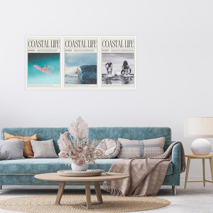 DVBOCS Retro Coastal Life Newspaper Poster Vintage 3 Set Beach Canvas Wall Art Preppy Art Surf Prints Cowgirl Aesthetic Trendy Pictures of Beachy Scenes Wall Decor Teen Girl Room 24x36in Unframed