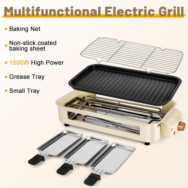 Pukomc Electric Indoor Grill,2 in 1 Indoor Grills for Kitchen with Grill Net & Non-Stick Cooking Removable Plate, Temperature Control, Dishwasher Safe, 1500W Smokeless Grill