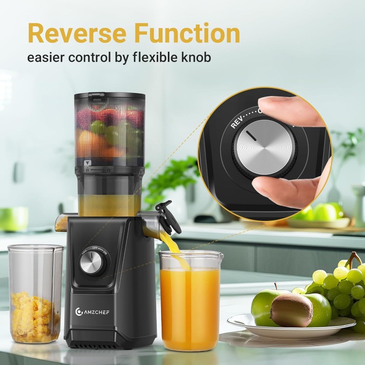 Cold Press Juicer - 4.25 IN Large Feed Chute Juicer Machine for Whole Fruit - Anti Drip Slow Juicer with Reverse Function - Masticating Juicer with Double-Layer Filter, Quiet Motor, Black