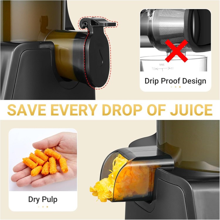 Cold Press Juicer - 4.25 IN Large Feed Chute Juicer Machine for Whole Fruit - Anti Drip Slow Juicer with Reverse Function - Masticating Juicer with Double-Layer Filter, Quiet Motor, Black