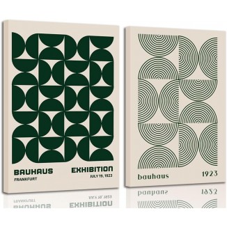 2Pcs Bauhaus Mid Century Modern Wall Art Retro Exhibition Posters Prints Green Boho Geometric Abstract Minimalist Wall Decor Pictures for Bedroom iving Room Dining Room Framed (Green, 16x24in Framed)