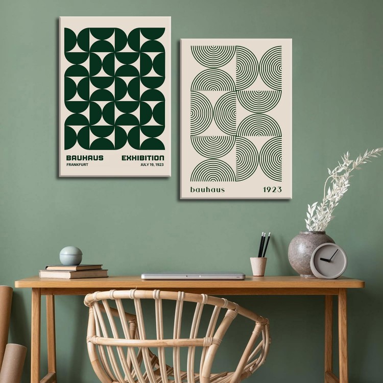 2Pcs Bauhaus Mid Century Modern Wall Art Retro Exhibition Posters Prints Green Boho Geometric Abstract Minimalist Wall Decor Pictures for Bedroom iving Room Dining Room Framed (Green, 16x24in Framed)