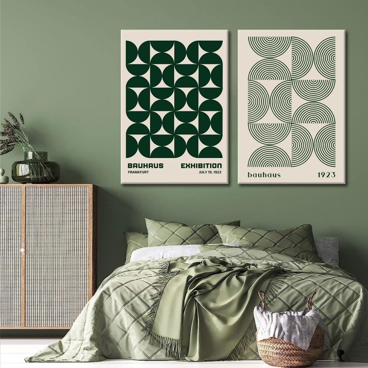 2Pcs Bauhaus Mid Century Modern Wall Art Retro Exhibition Posters Prints Green Boho Geometric Abstract Minimalist Wall Decor Pictures for Bedroom iving Room Dining Room Framed (Green, 16x24in Framed)