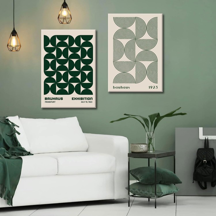 2Pcs Bauhaus Mid Century Modern Wall Art Retro Exhibition Posters Prints Green Boho Geometric Abstract Minimalist Wall Decor Pictures for Bedroom iving Room Dining Room Framed (Green, 16x24in Framed)