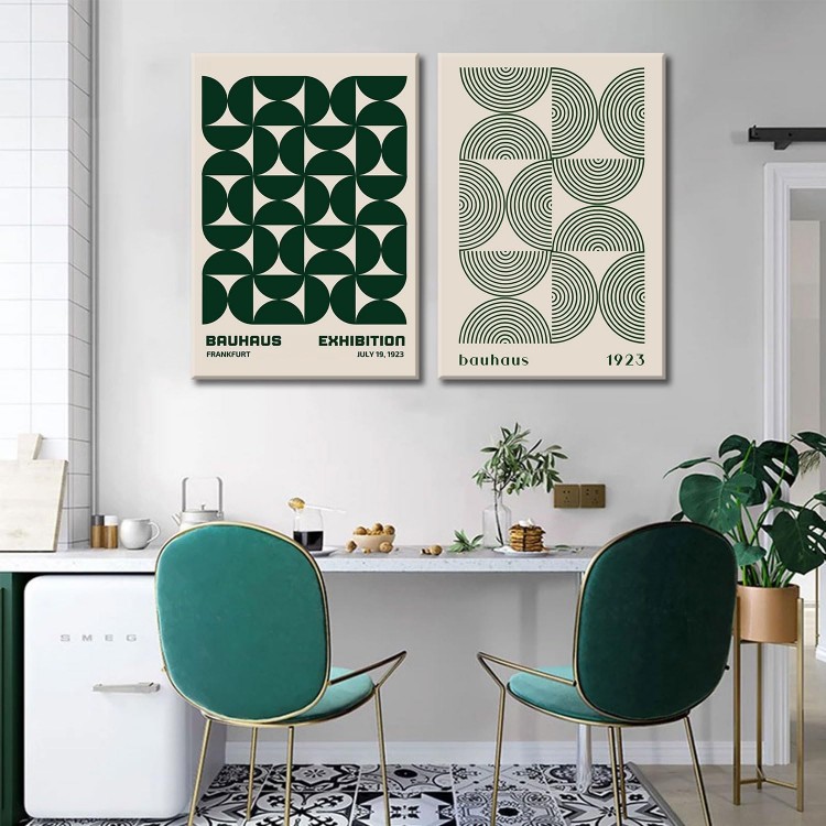 2Pcs Bauhaus Mid Century Modern Wall Art Retro Exhibition Posters Prints Green Boho Geometric Abstract Minimalist Wall Decor Pictures for Bedroom iving Room Dining Room Framed (Green, 16x24in Framed)