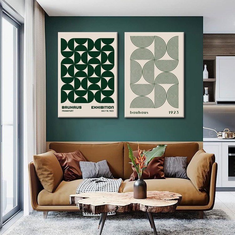 2Pcs Bauhaus Mid Century Modern Wall Art Retro Exhibition Posters Prints Green Boho Geometric Abstract Minimalist Wall Decor Pictures for Bedroom iving Room Dining Room Framed (Green, 16x24in Framed)