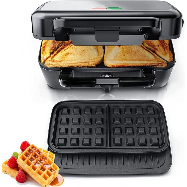 FOHERE Waffle Maker 3 in 1 Sandwich Maker 1200W Panini Press With Removable Plates and 5-gear Temperature Control, Non-stick Coating Easy to Clean,Indicator Lights, Silver/Black