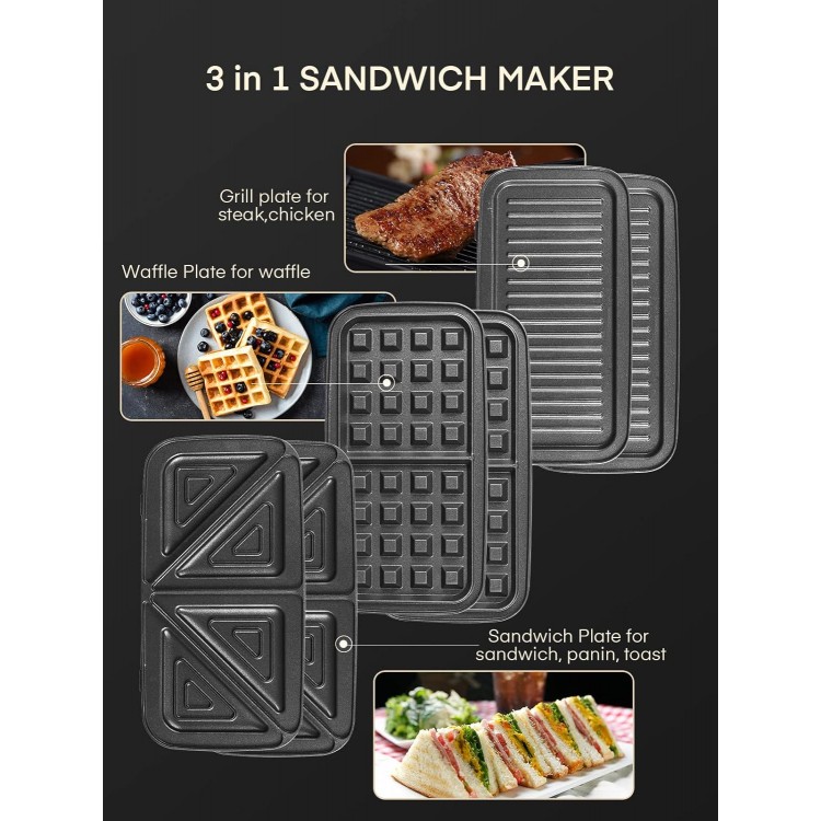 FOHERE Waffle Maker 3 in 1 Sandwich Maker 1200W Panini Press With Removable Plates and 5-gear Temperature Control, Non-stick Coating Easy to Clean,Indicator Lights, Silver/Black