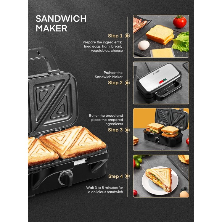 FOHERE Waffle Maker 3 in 1 Sandwich Maker 1200W Panini Press With Removable Plates and 5-gear Temperature Control, Non-stick Coating Easy to Clean,Indicator Lights, Silver/Black