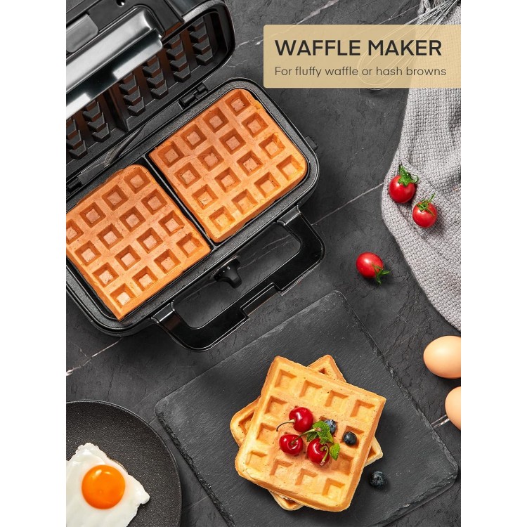 FOHERE Waffle Maker 3 in 1 Sandwich Maker 1200W Panini Press With Removable Plates and 5-gear Temperature Control, Non-stick Coating Easy to Clean,Indicator Lights, Silver/Black