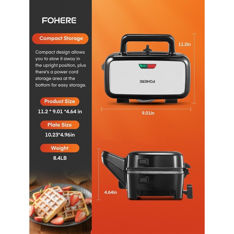 FOHERE Waffle Maker 3 in 1 Sandwich Maker 1200W Panini Press With Removable Plates and 5-gear Temperature Control, Non-stick Coating Easy to Clean,Indicator Lights, Silver/Black