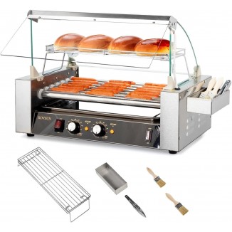 ROVSUN Hot Dog Roller 1050W, 7 Rollers 18 Hot Dog Roller Grill Cooker Machine w/Dual Temp Control, Cover, LED Lighting, Removable Shelf & Drip Tray for Party Home Commercial ETL Certified