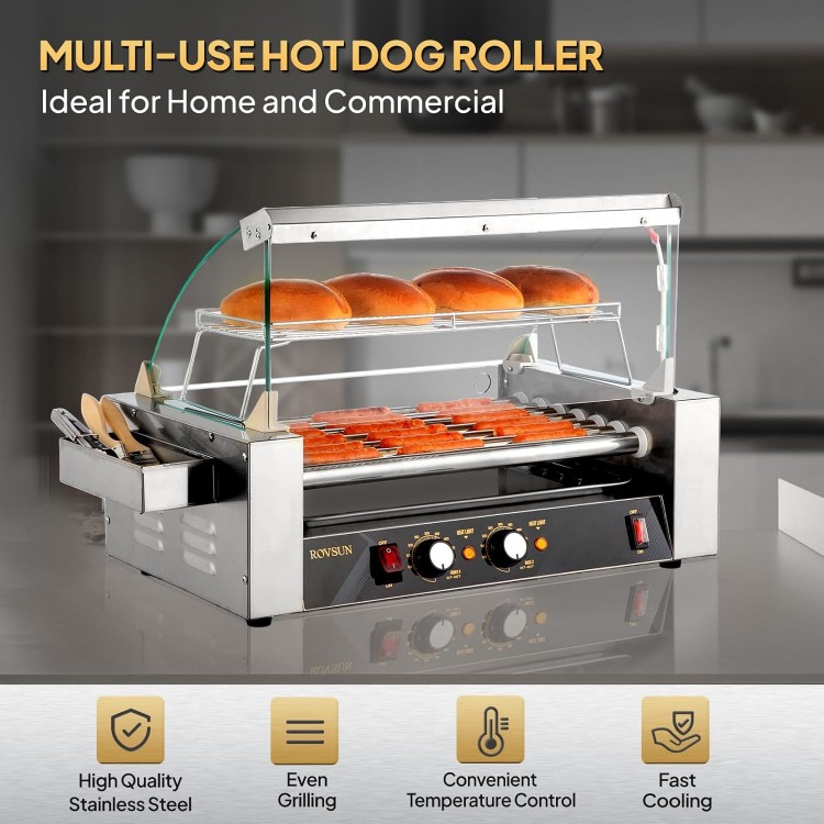 ROVSUN Hot Dog Roller 1050W, 7 Rollers 18 Hot Dog Roller Grill Cooker Machine w/Dual Temp Control, Cover, LED Lighting, Removable Shelf & Drip Tray for Party Home Commercial ETL Certified