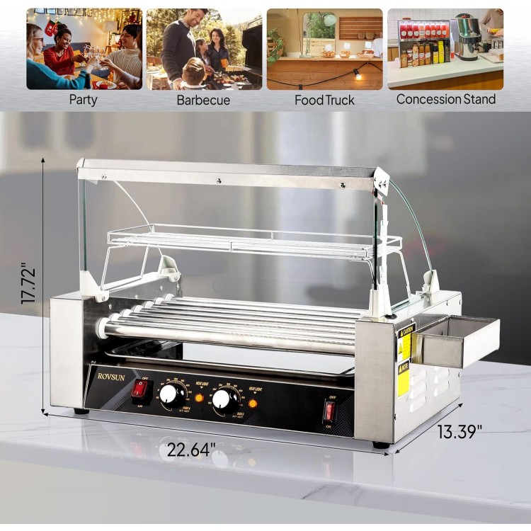 ROVSUN Hot Dog Roller 1050W, 7 Rollers 18 Hot Dog Roller Grill Cooker Machine w/Dual Temp Control, Cover, LED Lighting, Removable Shelf & Drip Tray for Party Home Commercial ETL Certified