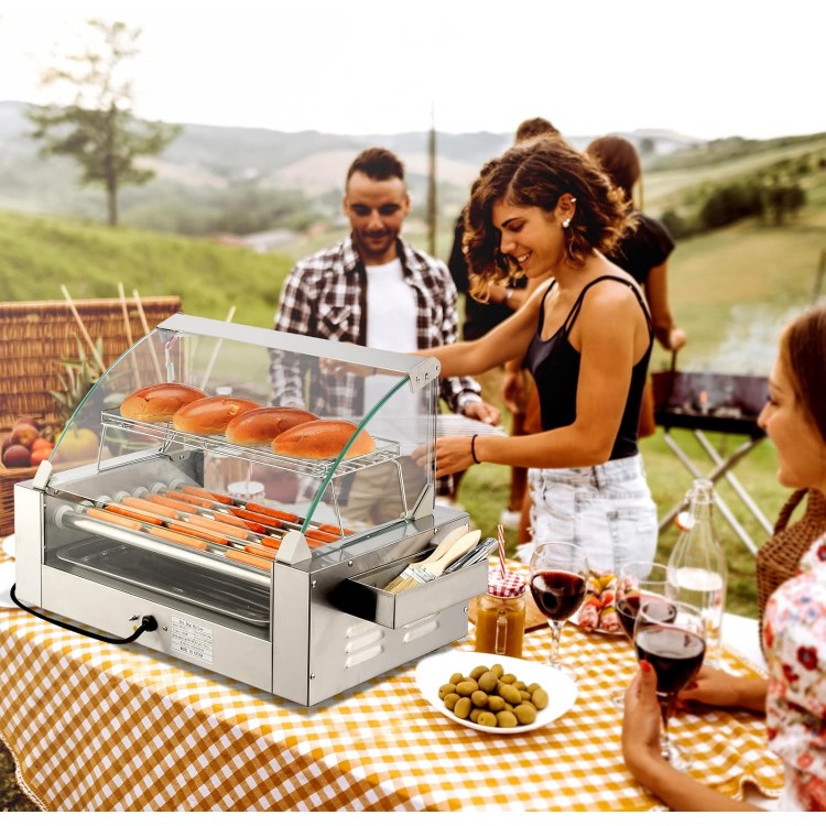 ROVSUN Hot Dog Roller 1050W, 7 Rollers 18 Hot Dog Roller Grill Cooker Machine w/Dual Temp Control, Cover, LED Lighting, Removable Shelf & Drip Tray for Party Home Commercial ETL Certified