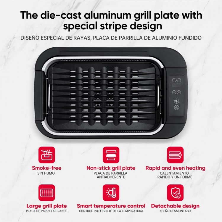 X&E Smokeless Indoor Grill, Enough for five people， 1500 Watt Non-Stick Removable Electric Grill Rack and Grill Pan, Temperature Adjustable up to 450°F, Fast Heat Up, Rapid Dishwasher Rinse