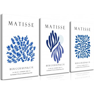 Bwodke Framed Matisse Navy Blue Leaf Canvas Wall Art Print Poster 3 Pack Minimalist Flower Market Painting Picture Abstract Aesthetic Wall Decor Painting Living Room Bedroom Bathroom (Blue, 16x24in