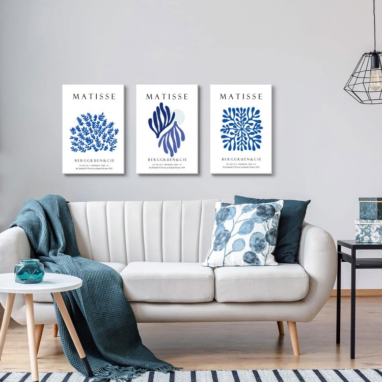 Bwodke Framed Matisse Navy Blue Leaf Canvas Wall Art Print Poster 3 Pack Minimalist Flower Market Painting Picture Abstract Aesthetic Wall Decor Painting Living Room Bedroom Bathroom (Blue, 16x24in