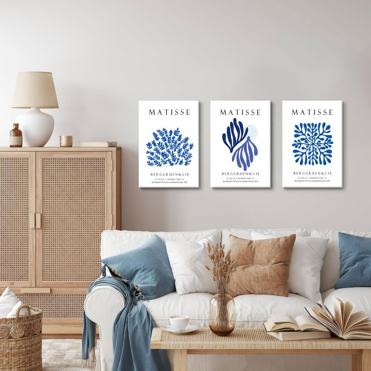 Bwodke Framed Matisse Navy Blue Leaf Canvas Wall Art Print Poster 3 Pack Minimalist Flower Market Painting Picture Abstract Aesthetic Wall Decor Painting Living Room Bedroom Bathroom (Blue, 16x24in