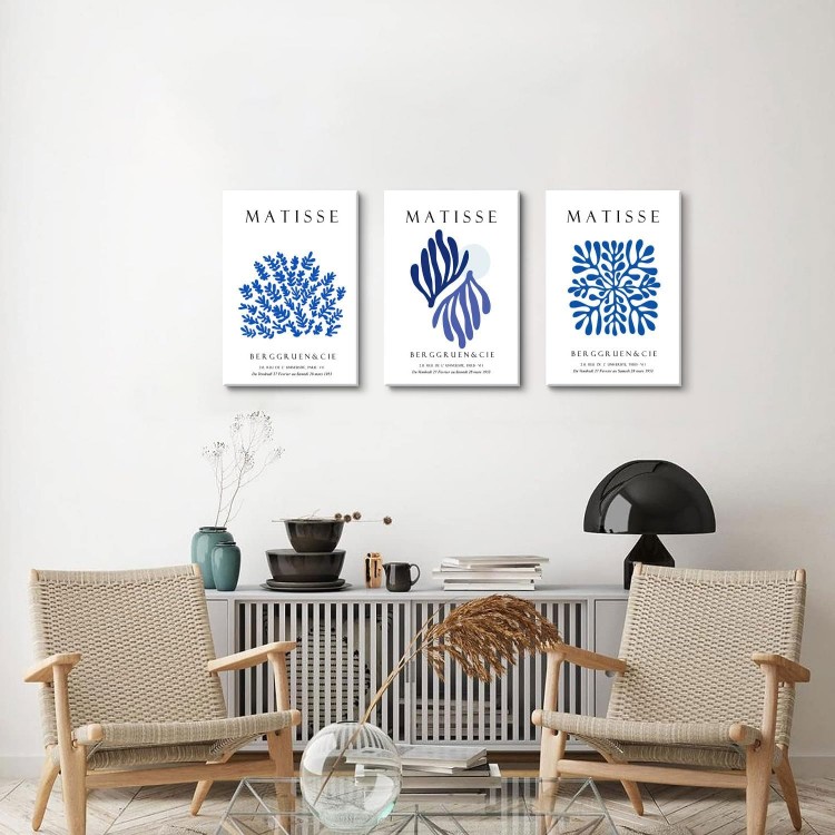 Bwodke Framed Matisse Navy Blue Leaf Canvas Wall Art Print Poster 3 Pack Minimalist Flower Market Painting Picture Abstract Aesthetic Wall Decor Painting Living Room Bedroom Bathroom (Blue, 16x24in