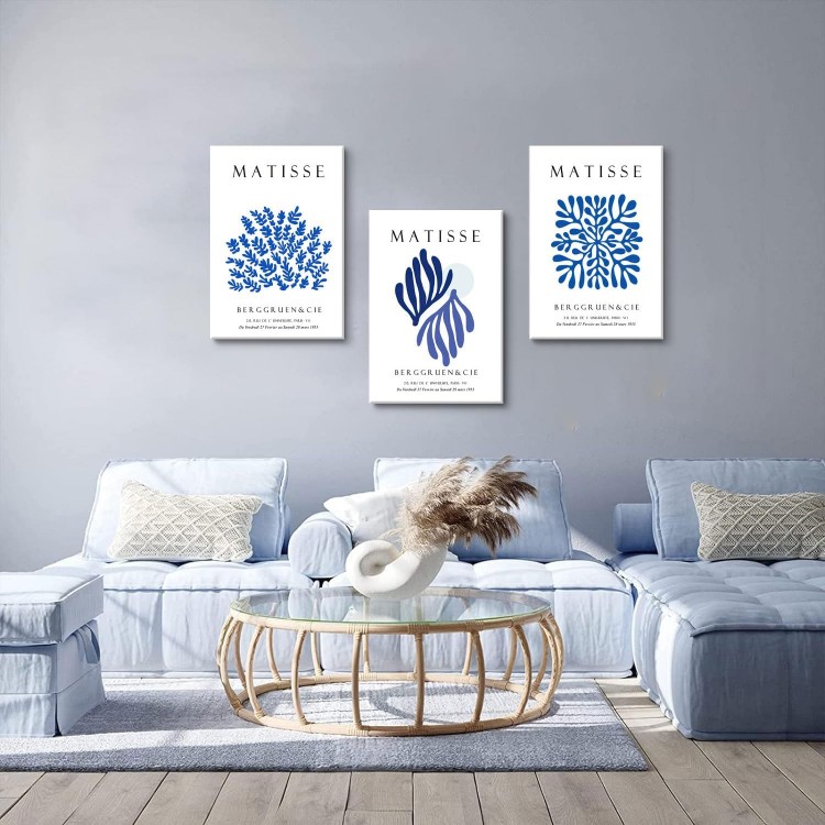 Bwodke Framed Matisse Navy Blue Leaf Canvas Wall Art Print Poster 3 Pack Minimalist Flower Market Painting Picture Abstract Aesthetic Wall Decor Painting Living Room Bedroom Bathroom (Blue, 16x24in