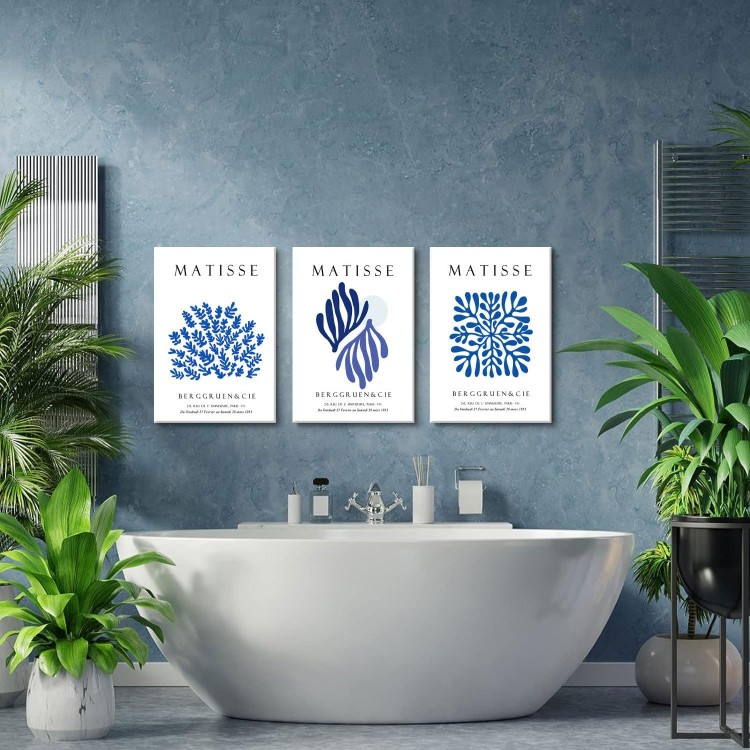 Bwodke Framed Matisse Navy Blue Leaf Canvas Wall Art Print Poster 3 Pack Minimalist Flower Market Painting Picture Abstract Aesthetic Wall Decor Painting Living Room Bedroom Bathroom (Blue, 16x24in