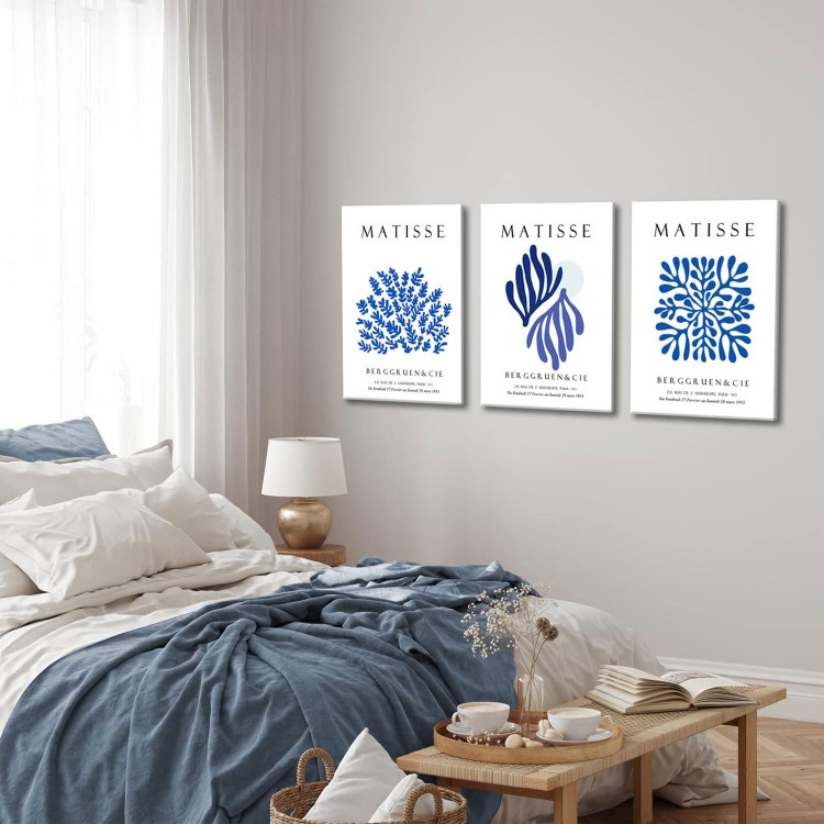 Bwodke Framed Matisse Navy Blue Leaf Canvas Wall Art Print Poster 3 Pack Minimalist Flower Market Painting Picture Abstract Aesthetic Wall Decor Painting Living Room Bedroom Bathroom (Blue, 16x24in