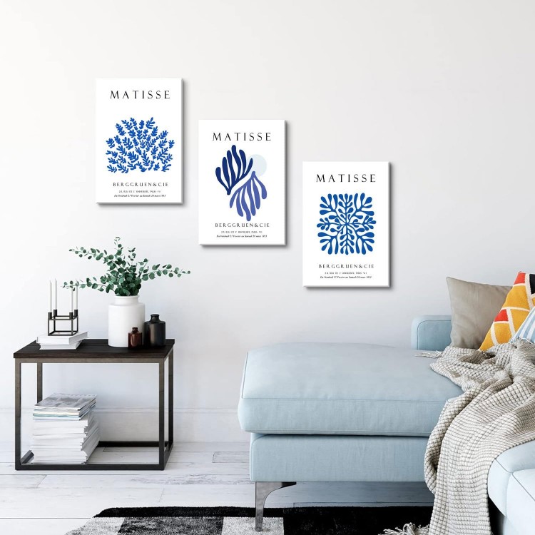 Bwodke Framed Matisse Navy Blue Leaf Canvas Wall Art Print Poster 3 Pack Minimalist Flower Market Painting Picture Abstract Aesthetic Wall Decor Painting Living Room Bedroom Bathroom (Blue, 16x24in