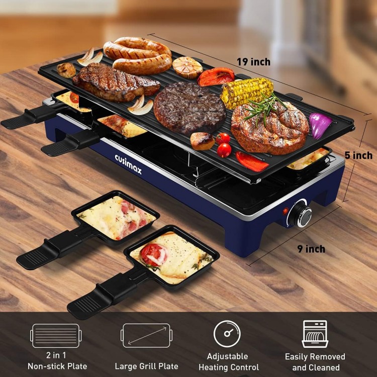 Raclette Table Grill, CUSIMAX Electric Grill, 1500W Korean BBQ Grill, Cheese Raclette Indoor Grill with 2 in 1 Reversible Non-stick plate, Crepe Maker with 8 Paddles & Shovels, Blue Upgraded Version