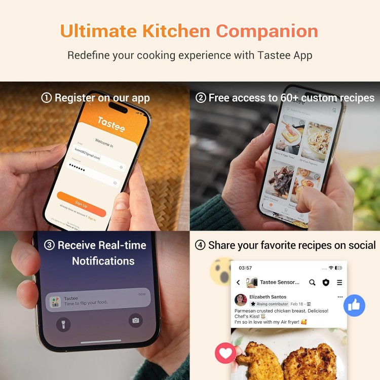 Tastee Air Fryer, 8-in-1 Compact 5.5QT AirFryers, 450°F Digital Airfryer Dehydrator with Dual-sensor Smart Probe, 24 Presets One-touch Cooking, In-app Recipes with Window, Dishwasher-safe & Non-stick