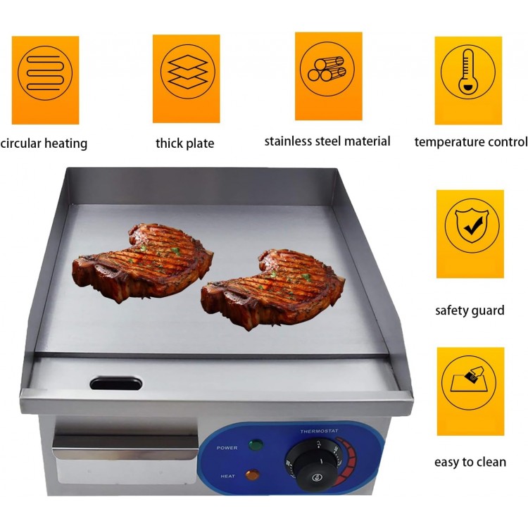 Commercial Electric Griddle Countertop Flat Top Griddle, Stainless Steel Restaurant Grill with Thermostatic Control for Kitchen BBQ(1500W 14 Inch), Sliver, D-TM-810B