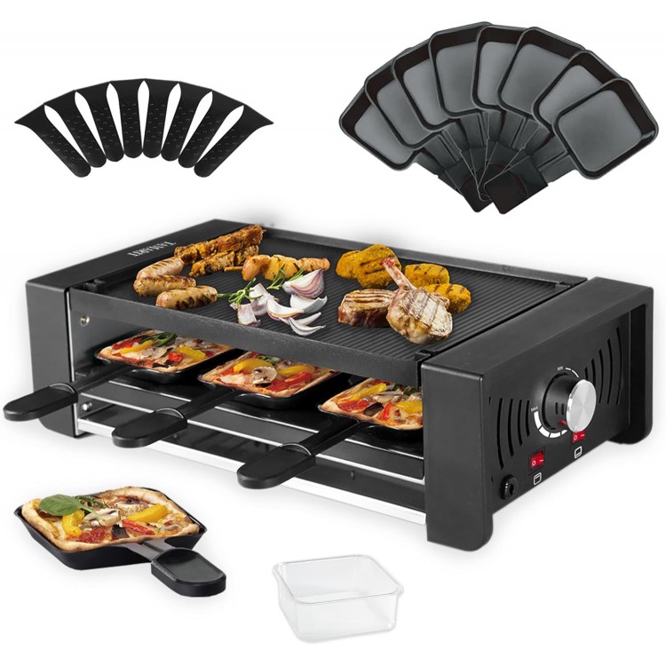 TAMARIT Raclette Party Grill Portable Indoor Electric Korean BBQ Grill 2 in 1 Raclette Table Grill with Ceramic Nonstick Coating Grill Plate 4 Pizza Pans 8 Cheese Trays Upper & Lower Heater,PFAS-No