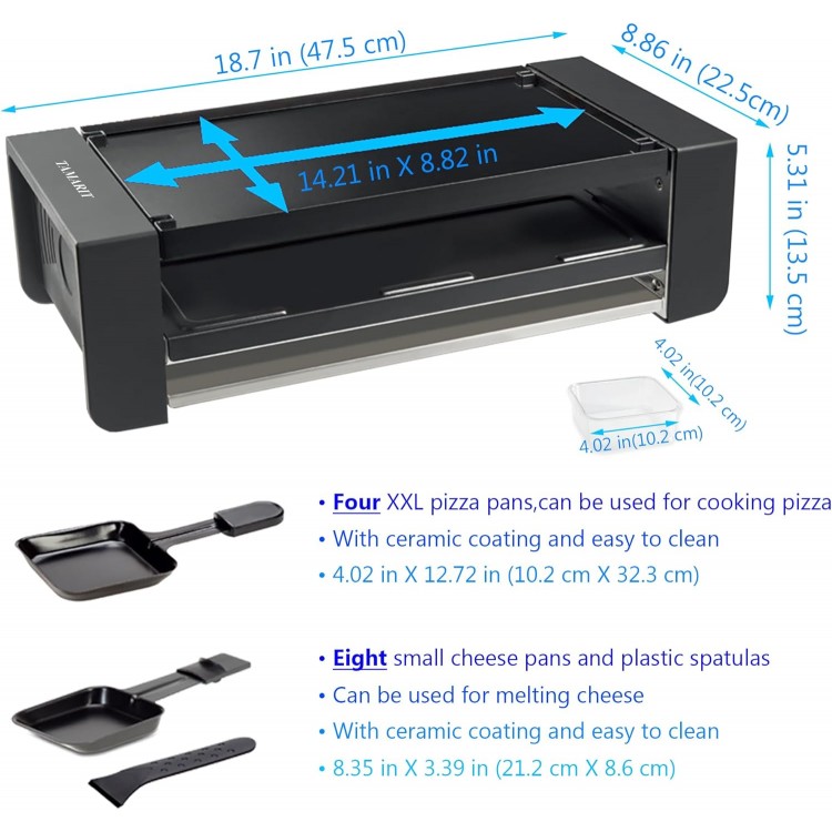 TAMARIT Raclette Party Grill Portable Indoor Electric Korean BBQ Grill 2 in 1 Raclette Table Grill with Ceramic Nonstick Coating Grill Plate 4 Pizza Pans 8 Cheese Trays Upper & Lower Heater,PFAS-No