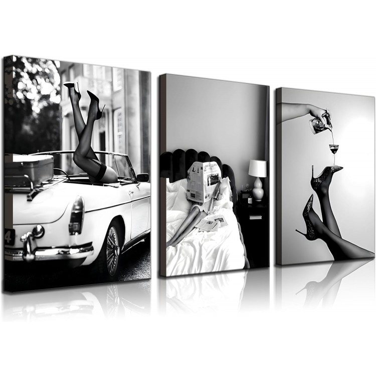 Set of 3 Framed Stylish Women Reading Newspaper Before Bed Wall Art, High Heels Vintage Car Posters, Feminist Black And White Vintage Canvas Prints pictures ， Home living room wall decoration bar cart