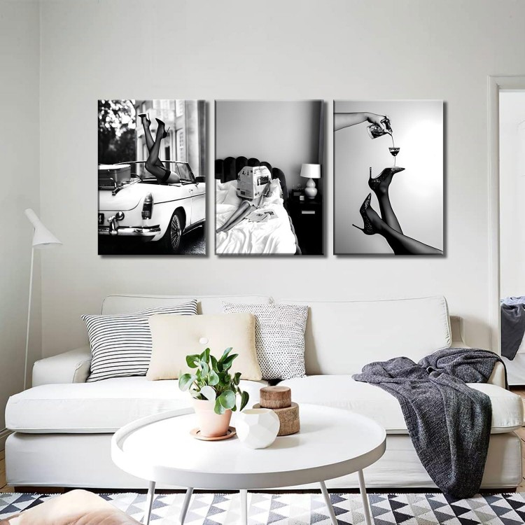 Set of 3 Framed Stylish Women Reading Newspaper Before Bed Wall Art, High Heels Vintage Car Posters, Feminist Black And White Vintage Canvas Prints pictures ， Home living room wall decoration bar cart