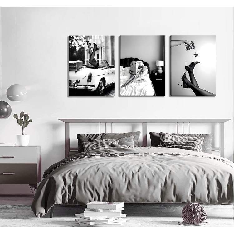 Set of 3 Framed Stylish Women Reading Newspaper Before Bed Wall Art, High Heels Vintage Car Posters, Feminist Black And White Vintage Canvas Prints pictures ， Home living room wall decoration bar cart