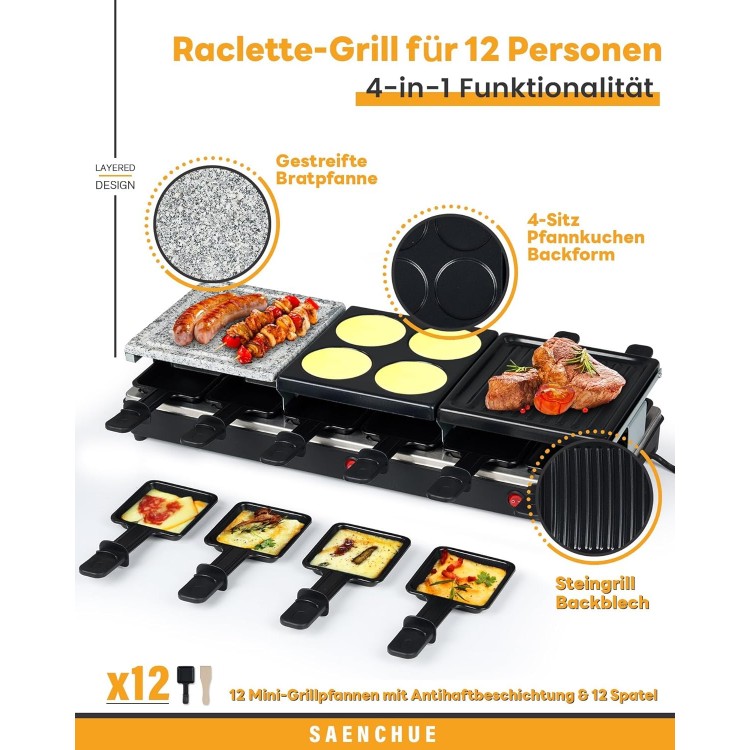 Raclette Table Grill - Indoor Electric Grill Griddle - Nonstick Extra Large Reversible 4-In-1 Outdoor Dishwasher Safe with Cheese 12 Paddles 12 Spatulas for 12 Person, FD-12