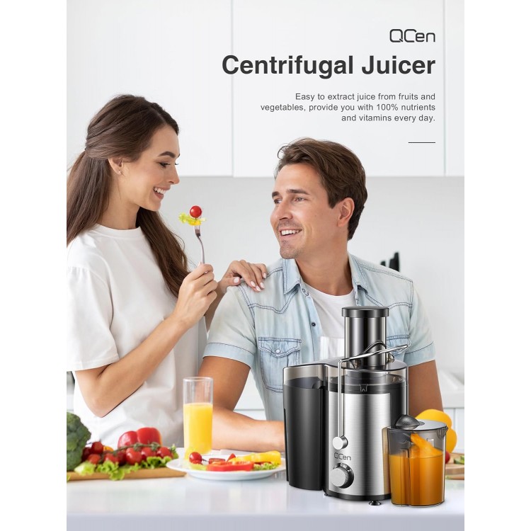 Qcen Juicer Machine, 800W Centrifugal Juicer Extractor with Wide Mouth 3” Feed Chute for Fruit Vegetable, Easy to Clean, Stainless Steel, BPA-free (Black)