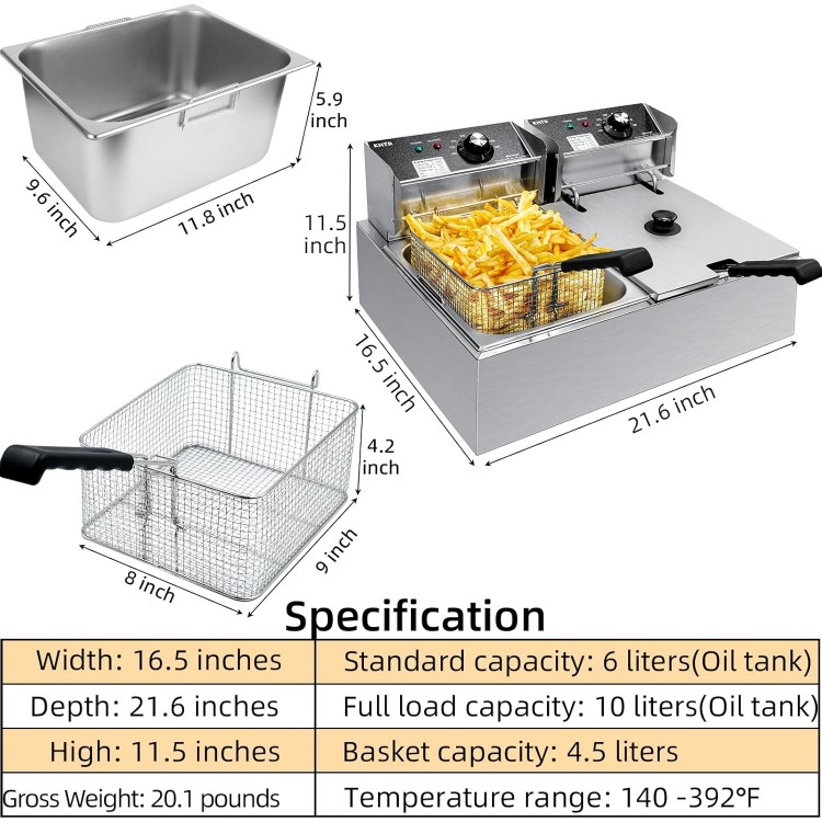 Commercial Deep Fryer with Basket - Large Capacity Stainless Steel Electric Oil Fryer for Restaurant or Home Use,3400W 12.7QT