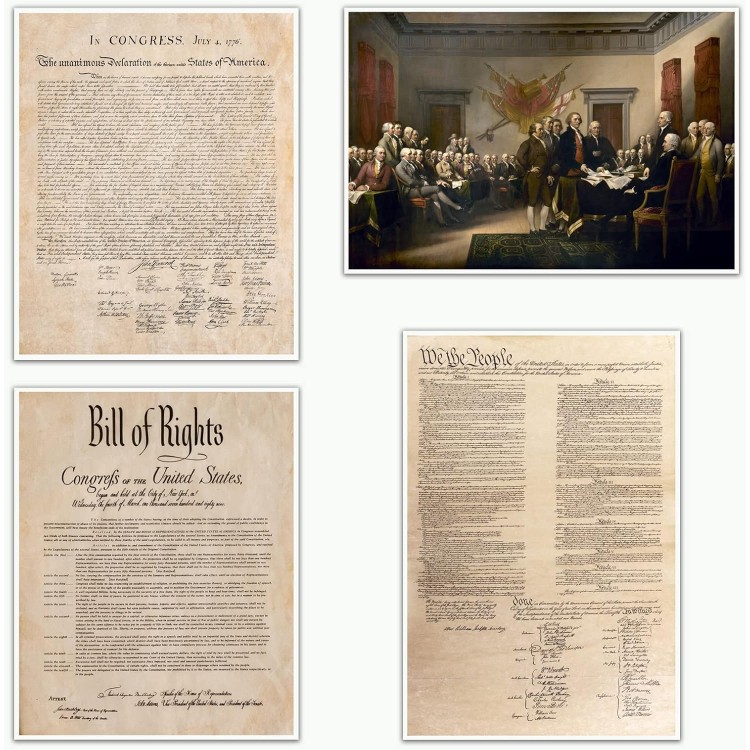 UAddMe Declaration of Independence Poster Constitution of the United States Bill of Rights Canvas Wall Art Classic History Document Set of 4 Prints Decor for Classroom Office Wall Unframed