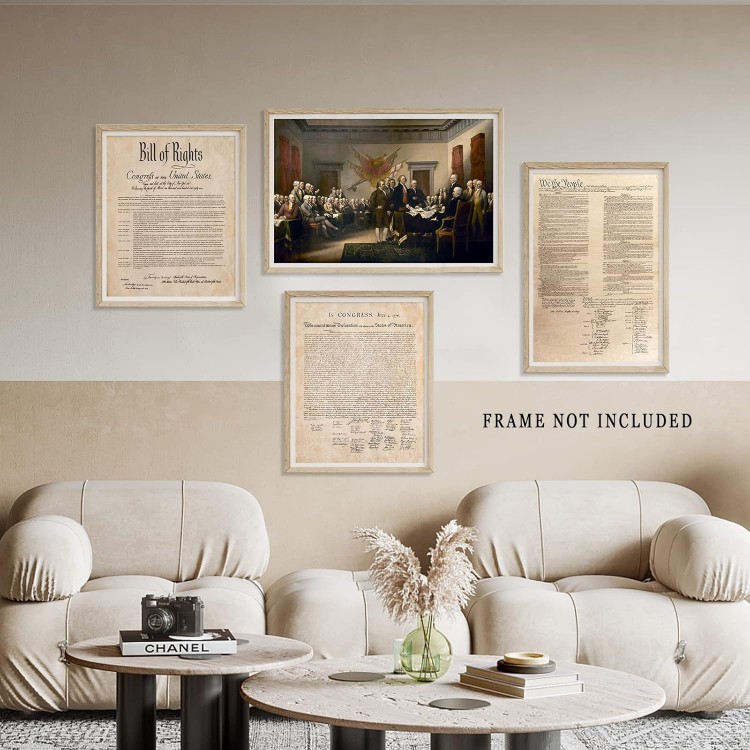 UAddMe Declaration of Independence Poster Constitution of the United States Bill of Rights Canvas Wall Art Classic History Document Set of 4 Prints Decor for Classroom Office Wall Unframed