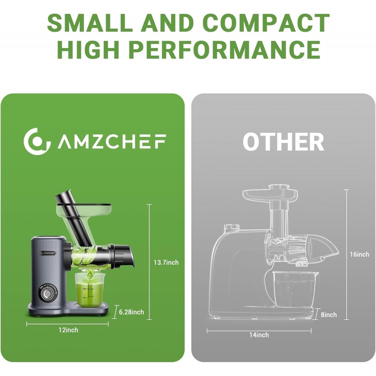 AMZCHEF Cold Press Juicer - 50mm Large Feed Chute, Juicer Machines with 150mm Tray, 8 Section Spiral Auger Slow Masticating Juicer for Vegs and Fruits -Grey