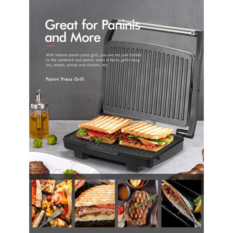 Yabano Panini Press Grill, Gourmet Sandwich Maker, Electric Indoor Grill with Non-Stick Cooking Plate and Removable Drip Tray, Easy to Clean, Stainless Steel